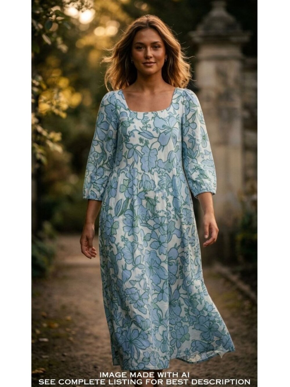 Powder Blue Cotton Linen Sundress S Oversize Midi Tiered Puff Sleeves Whimsy